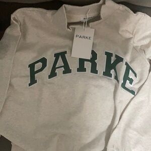 Parke Heather Grey Mock Neck sweatshirt with Green varsity Logo size Small/Mediu